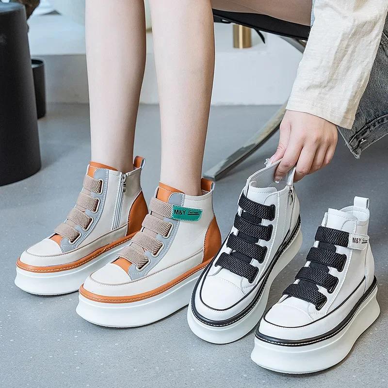 Высокий верх 8 см Новые туфли из натуральной кожи на платформе с каблуком-танкеткой Кроссовки Ботильоны до середины голени Ботинки на платформе Женские туфли, хорошо облегающие