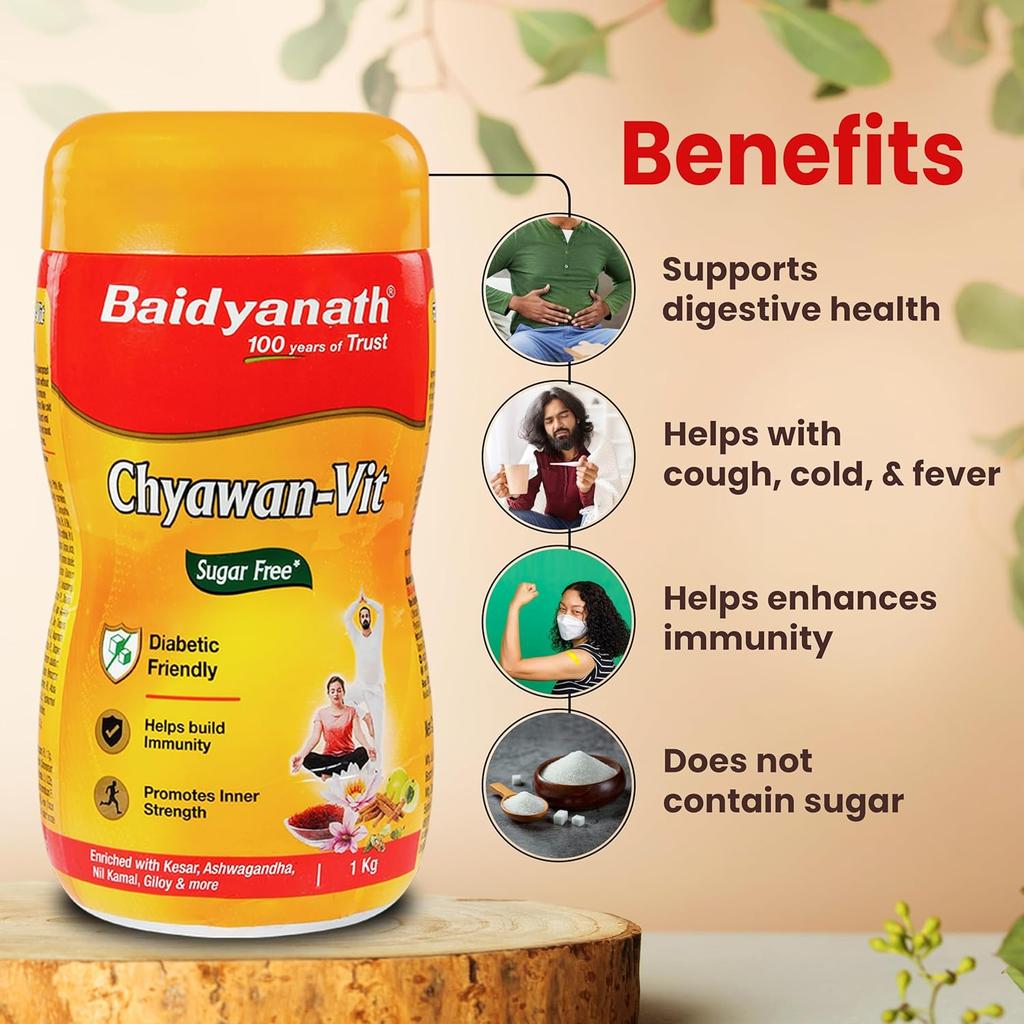 Baidyanath Sugarfree Chyawan-Vit 1kg Pack of 1- Sugar-Free Ayurvedic Immunity Booster with Amla, Ashwagandha, Kesar