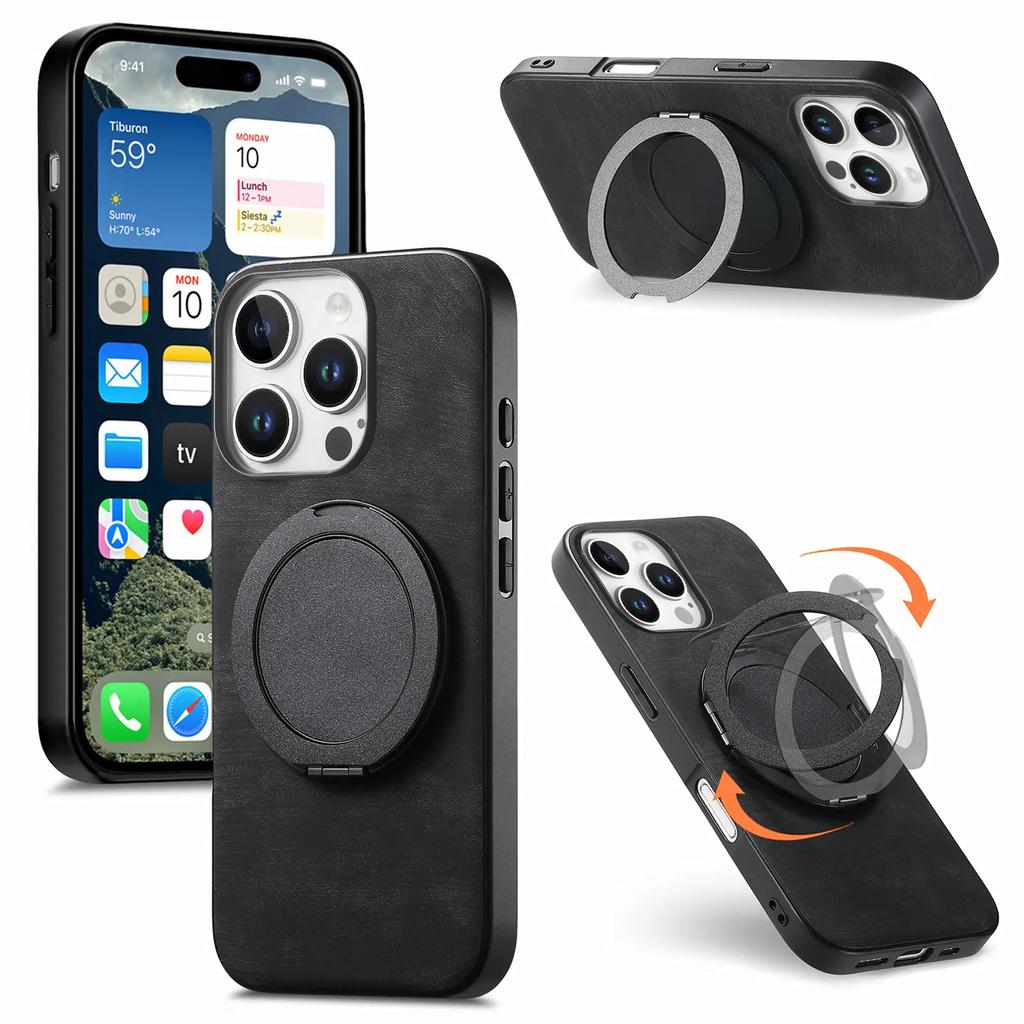 Чехол-подставка с кольцом 360° для iPhone 16 Pro Max 15 Plus 14 13 12 11 SE 2024, задняя крышка из ретро-кожи ПУ, магнитная