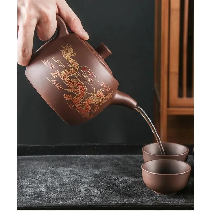 Исинские фиолетовые глиняные чайники, чайник большой емкости с цветами и птицами, ручной работы, Чжу, грязевой дракон, заварочный чайник, китайский чайный сервиз