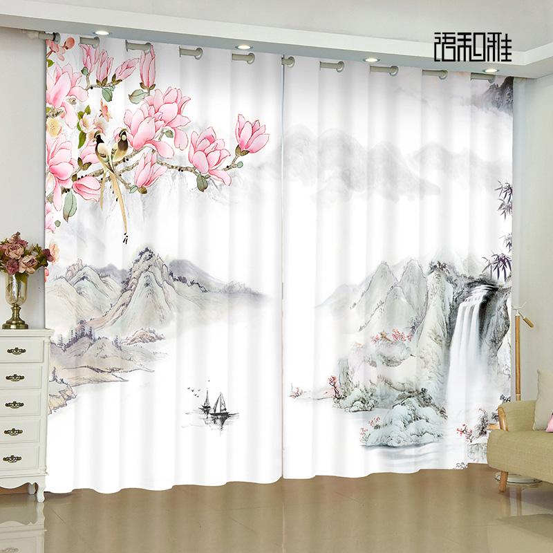 2-панельная новая китайская занавеска с изображением цветов, птиц, пейзажей, картин, напечатанная занавеска для спальни, гостиной, кухни, окна, шторы