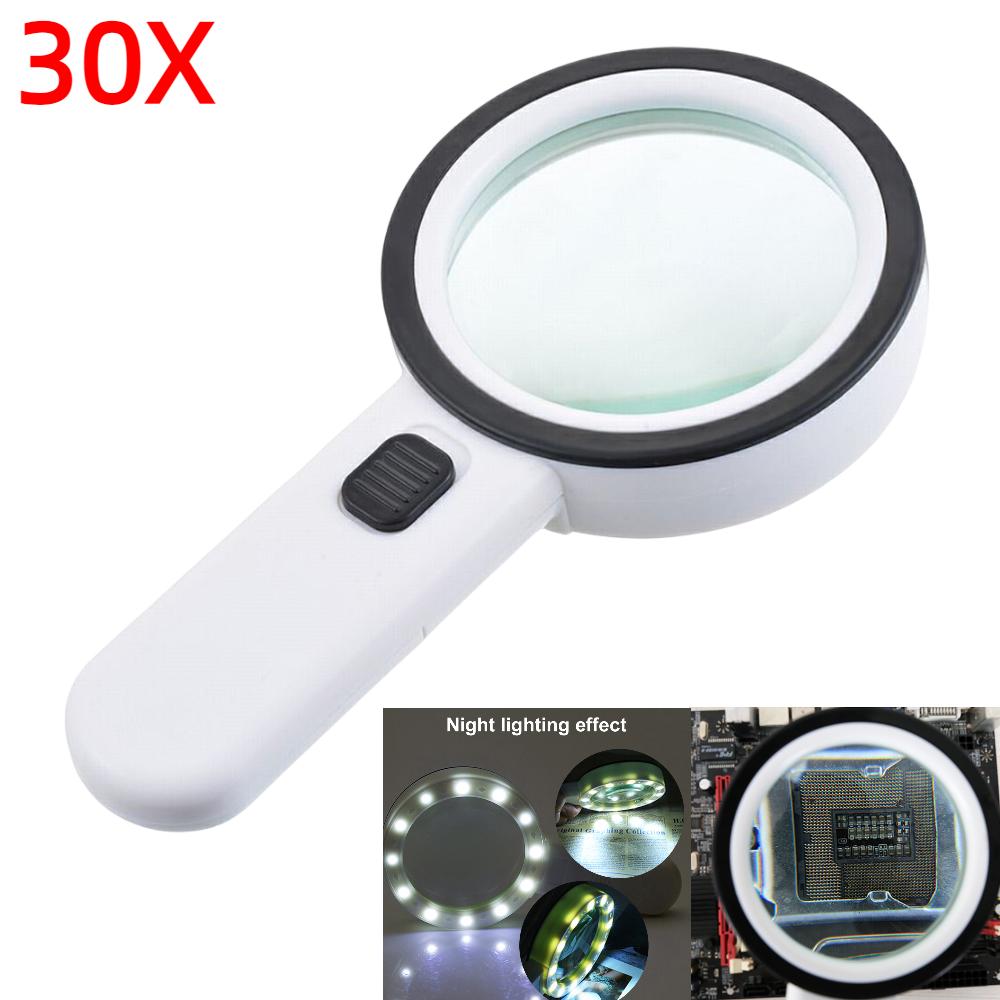 30X Magnifier Handheld LED Glasses with Illumination Microscope Magnifying Glass Lens Reading Jewelry Glass Repair Tool