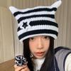 Winter Ladies Hat Kitty Head Contrast Color Striped Star Fur Ball Decor Demon Cap Elastic Anti-slip Warm Headwear