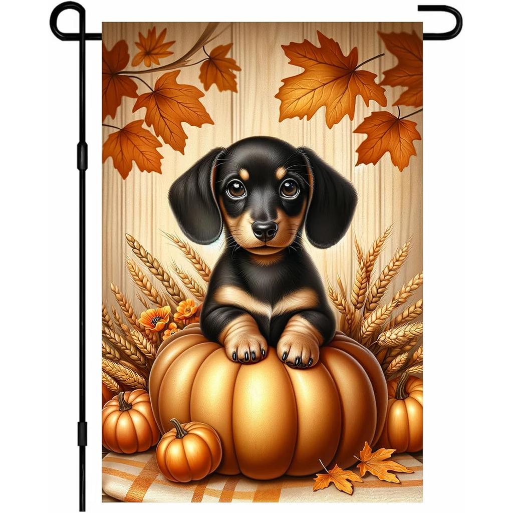 2D Door Banner, Fall Garden Flag Thanksgiving Garden Flag Dachshund Dog Pumpkin Maple Leaves Double Sided Autumn Harvest Yard Decor Outdoor Banner fo