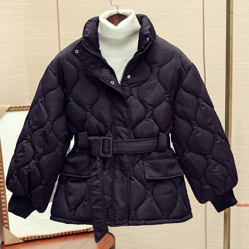 Korean Chic Winter French Style Stand Collar Wave Embossed Lace Up Waist Long Sleeve Cotton Puffer Coat Women