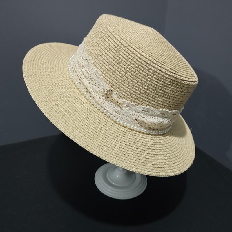 Lace lace straw woven flat top hat women's spring and summer temperament pearl flat edge top hat travel sun protection visor