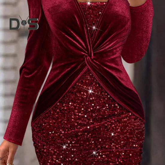 Женское платье для выпускного вечера с глубоким V-образным вырезом, облегающее, с высокой талией, плиссированное, блестящее, с длинными рукавами, длиной выше колена, облегающее мини-платье