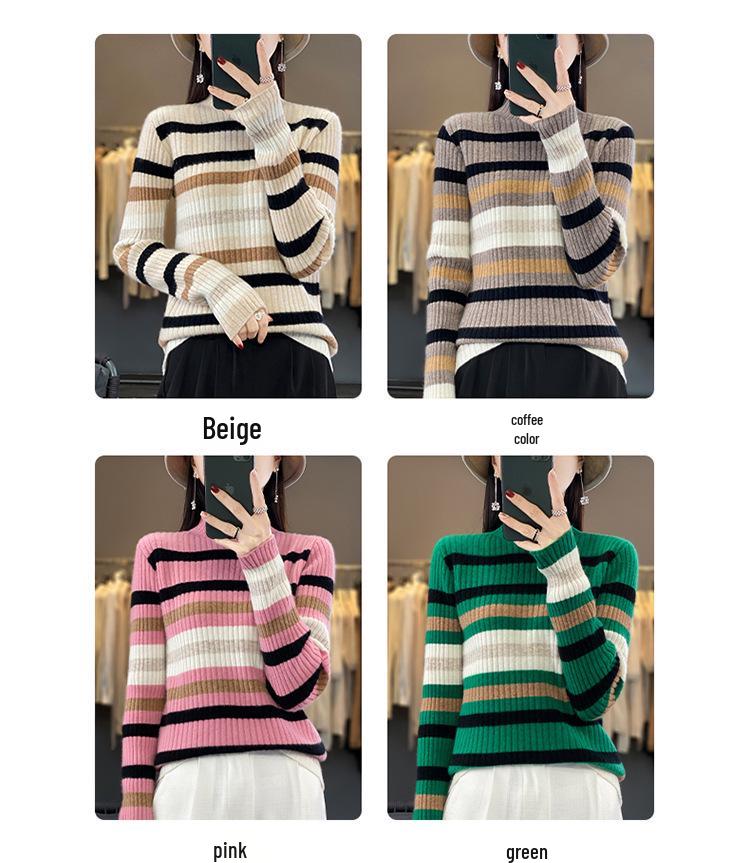 Women's Striped Cashmere Knit High Neck Sweater - Slimming, Loose Fit for Autumn & Winter