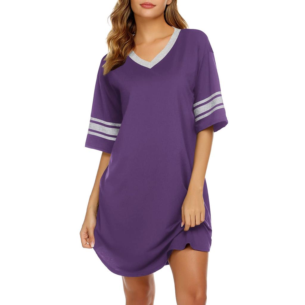 Women's Nightgown Cotton Sleep Shirt V Neck Short Sleeve Loose Comfy Pajama Sleepwear