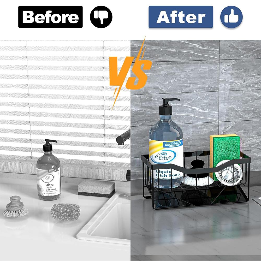 LMETJMA Kitchen Sink Caddy Organizer Sponge Holder with Stainless Steel Auto Drain Tray Soap Sponge Caddy Storage Rack JT313