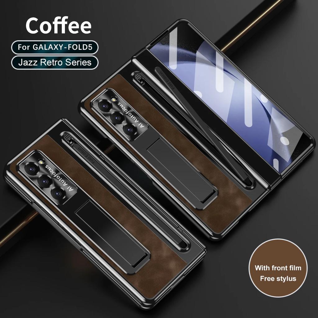 С сенсорной ручкой для Samsung Galaxy Z Fold 6 5 4 3 Чехол Винтажный кожаный держатель на шарнире Магнитный полноэкранный защитный складной чехол