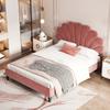 Upholstered Double Bed 140 x 200 cm, Bed Frame with Flower-Shaped Headboard and Slatted Frame, Adult-Youth, Skin-Friendly Velvet, Guest Bed, Bean Red