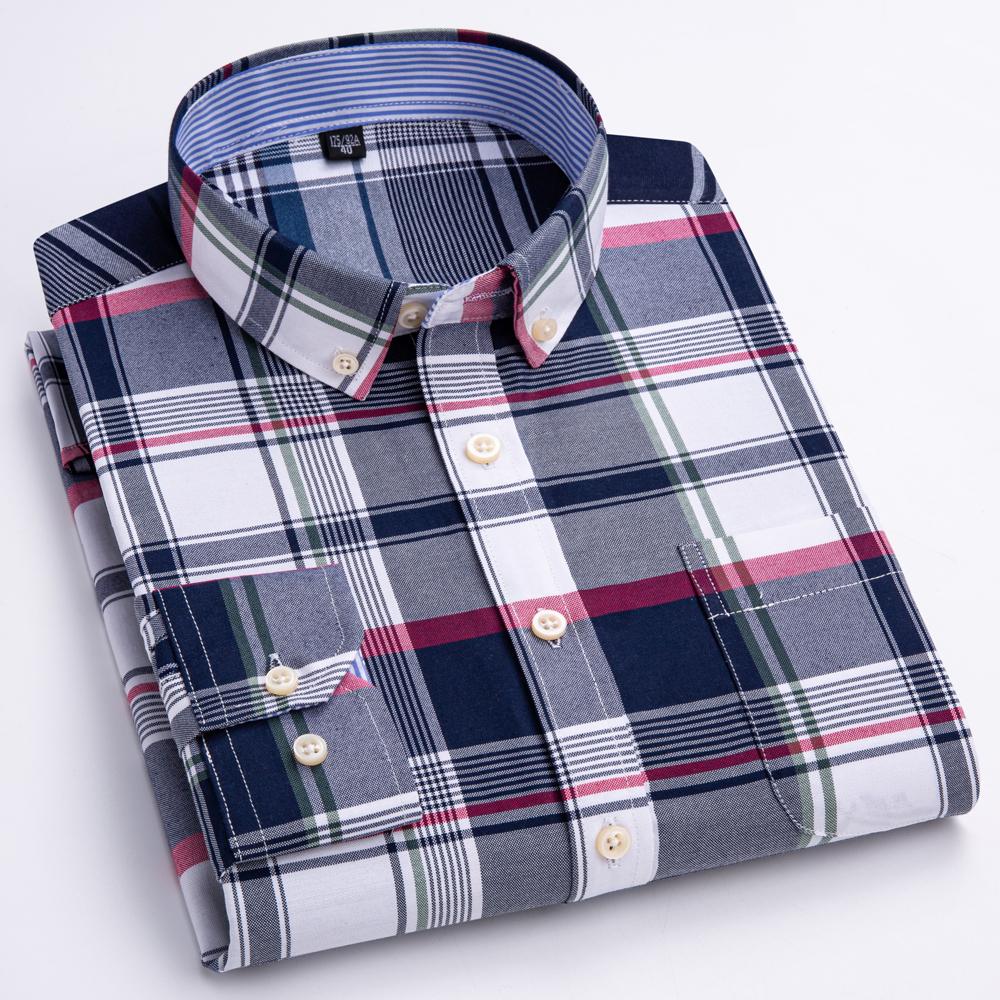 Men's Plaid Checkered Long Sleeve Oxford Woven Shirt Single Patch Pocket 100% Cotton Standard-fit Versatile Casual Shirts