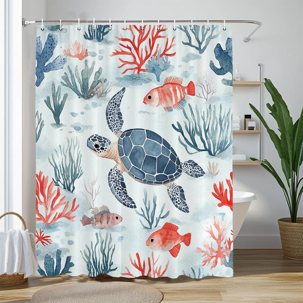 Marineland Sea Turtle Fun Shower Curtain For Beach Theme Bathroom Decorative Shower Curtain, Waterproof Shower Curtain With Hook