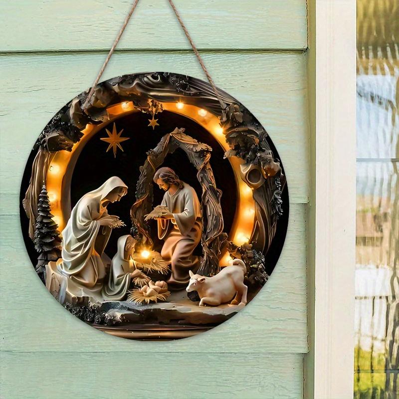 Деревянный знак с изображением рождественской сцены, эффект рельефа 2D Иисуса, круглый орнамент для церкви, входной двери, идеальный настенный декор, простая и стильная дверь туалета