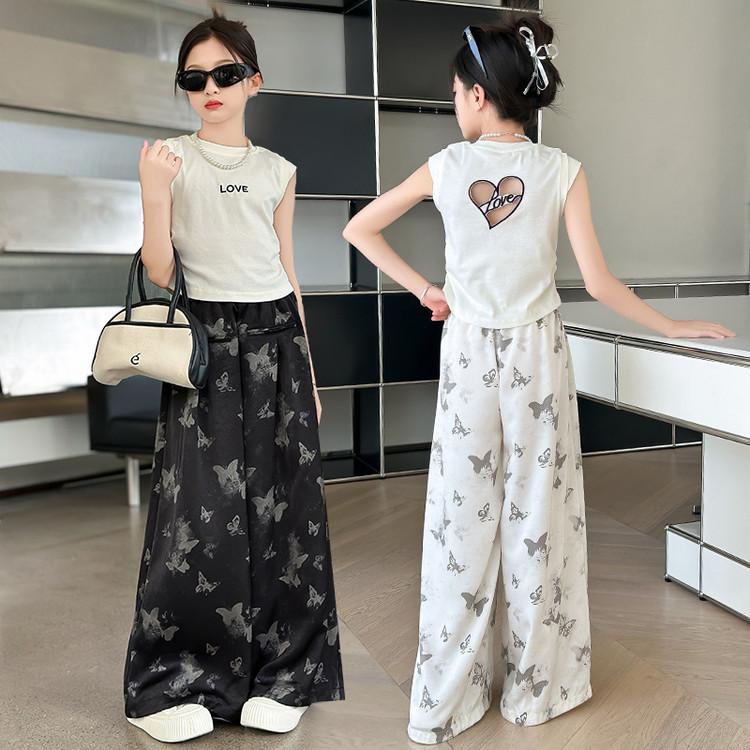 Girls' Summer Set: Short-Sleeve T-Shirt and Wide-Leg Pants