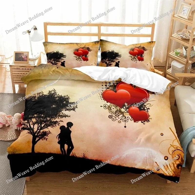 3D Love Heart Duvet Cover Luxury Romantic Theme Bedding Set King Queen for Couple Valentine's Day Gifts Bedroom Decor