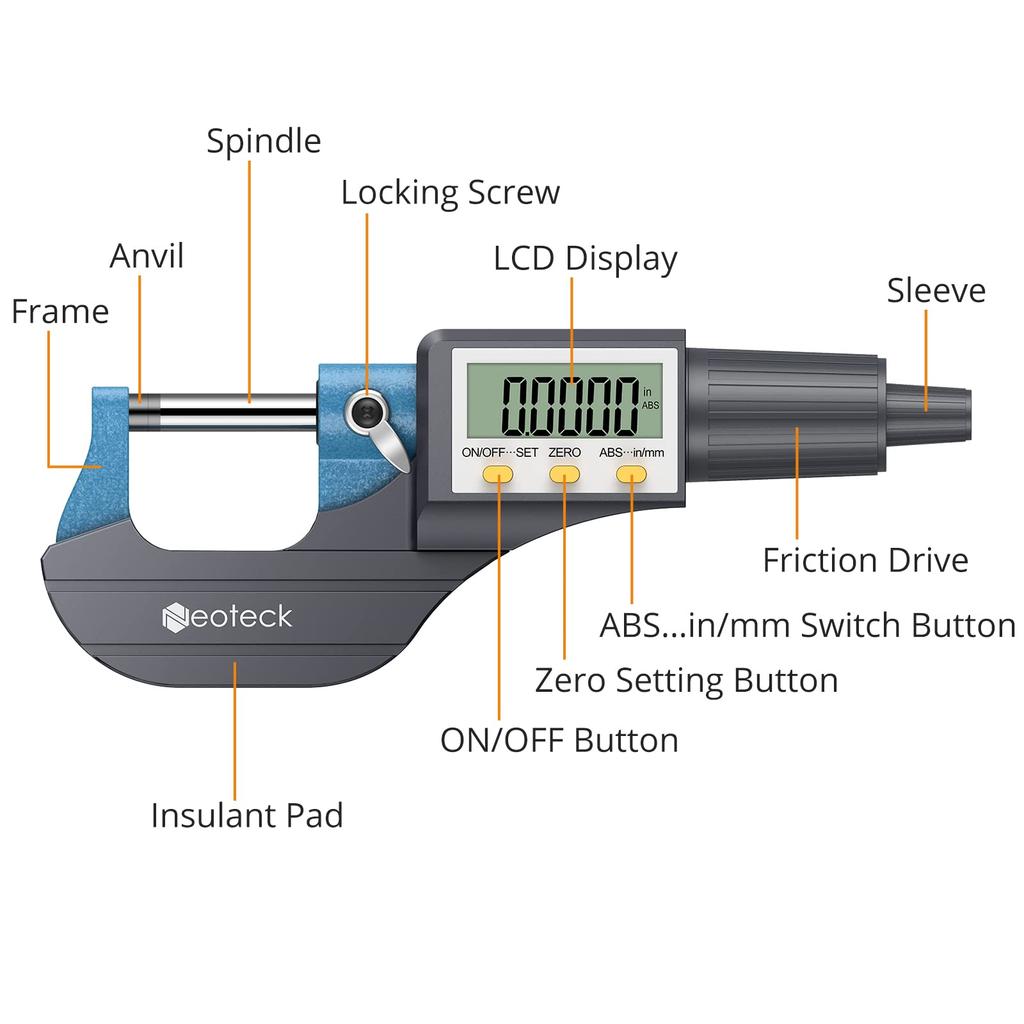 Neoteck Digital Micrometer Thickness Measuring Instrument 0-25mm LCD display