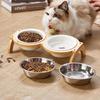 Dual-Purpose Wooden Stand Ceramic Pet Bowl: Anti-Knockover Design for Neck Protection, Suitable for Cats and Dogs.