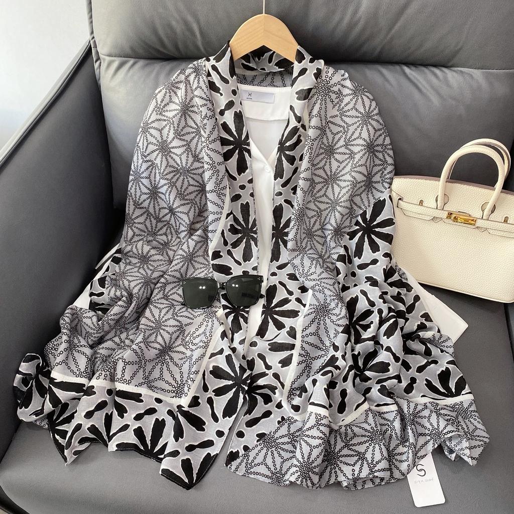 Wind New Geometric Color Matching Printed Scarf Summer Fresh Flower Cotton and Linen Feel Sunscreen Shawl