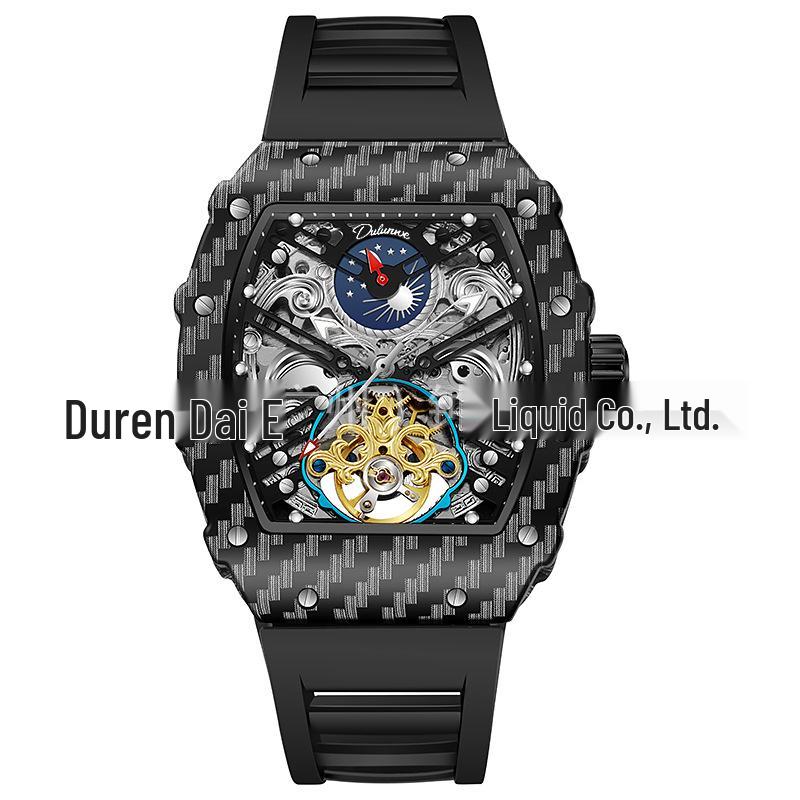 Мужские часы Durham Weida Tonneau Skeleton Tourbillon с автоподзаводом и резиновым ремешком.