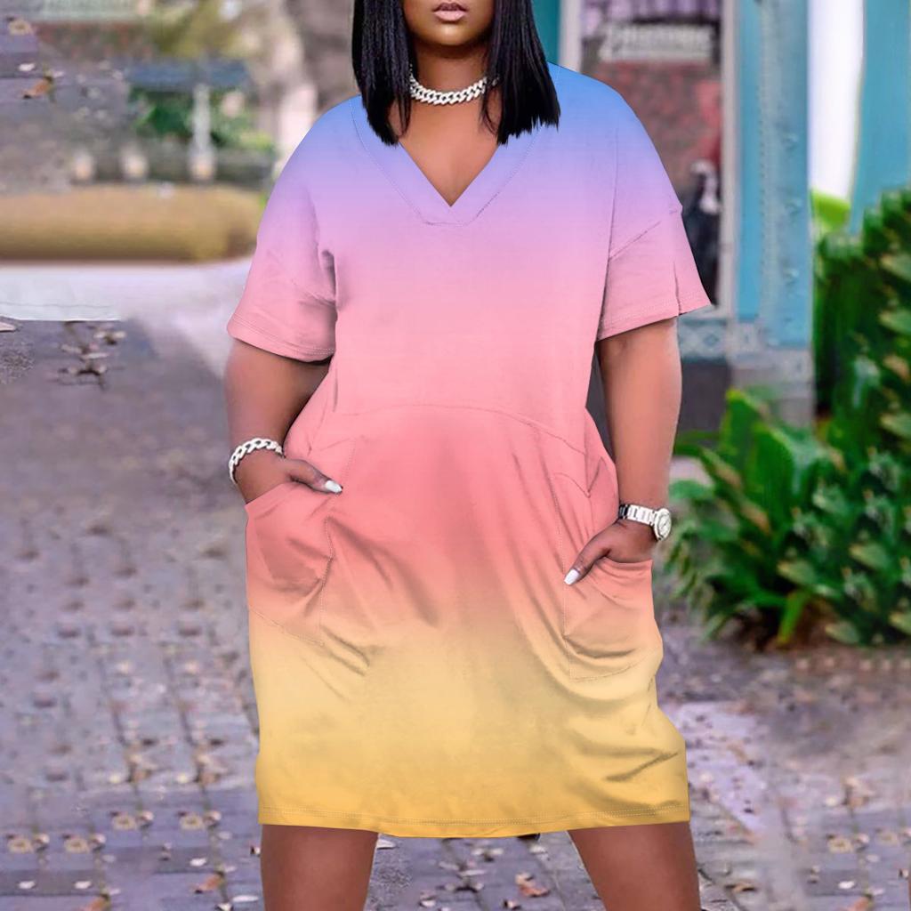 Лето плюс размер V-образным вырезом с коротким рукавом и карманом до колена с градиентным принтом повседневное платье для женщин