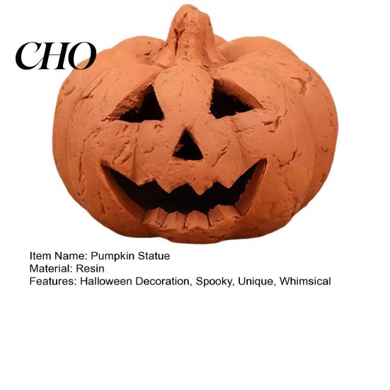 Cool Effect Pumpkin Statue Handcrafted Hand-Carved Resin Figurine Halloween Decor Tabletop Ornament for Home Party Terracotta