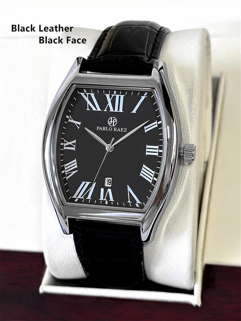 Pablo Raez Barrel Watch: Waterproof Leather Strap, Calendar, Casual Men's Style.
