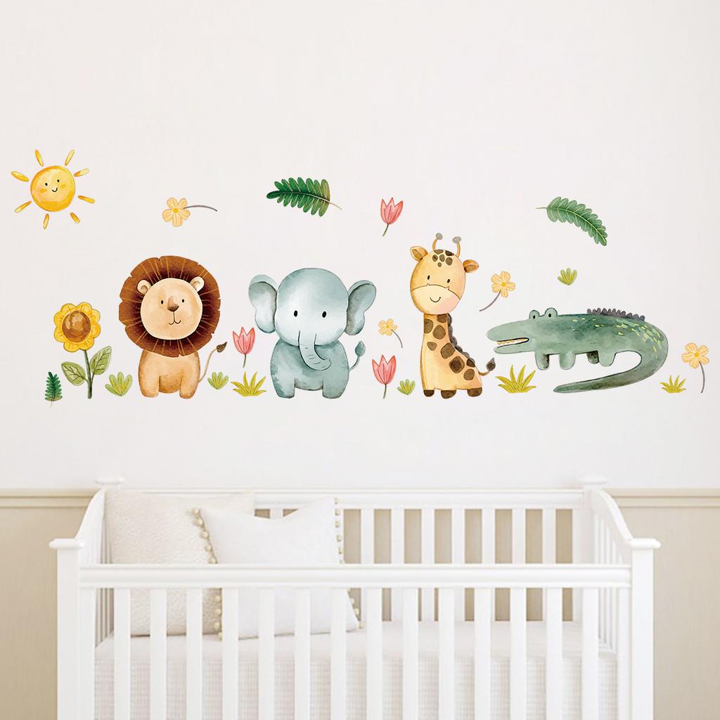Cartoon Cute Lion Elephant Giraffe Tree Forest Animal Wall Stickers for Bedroom Living Room Nursery Decoration Wall Decals