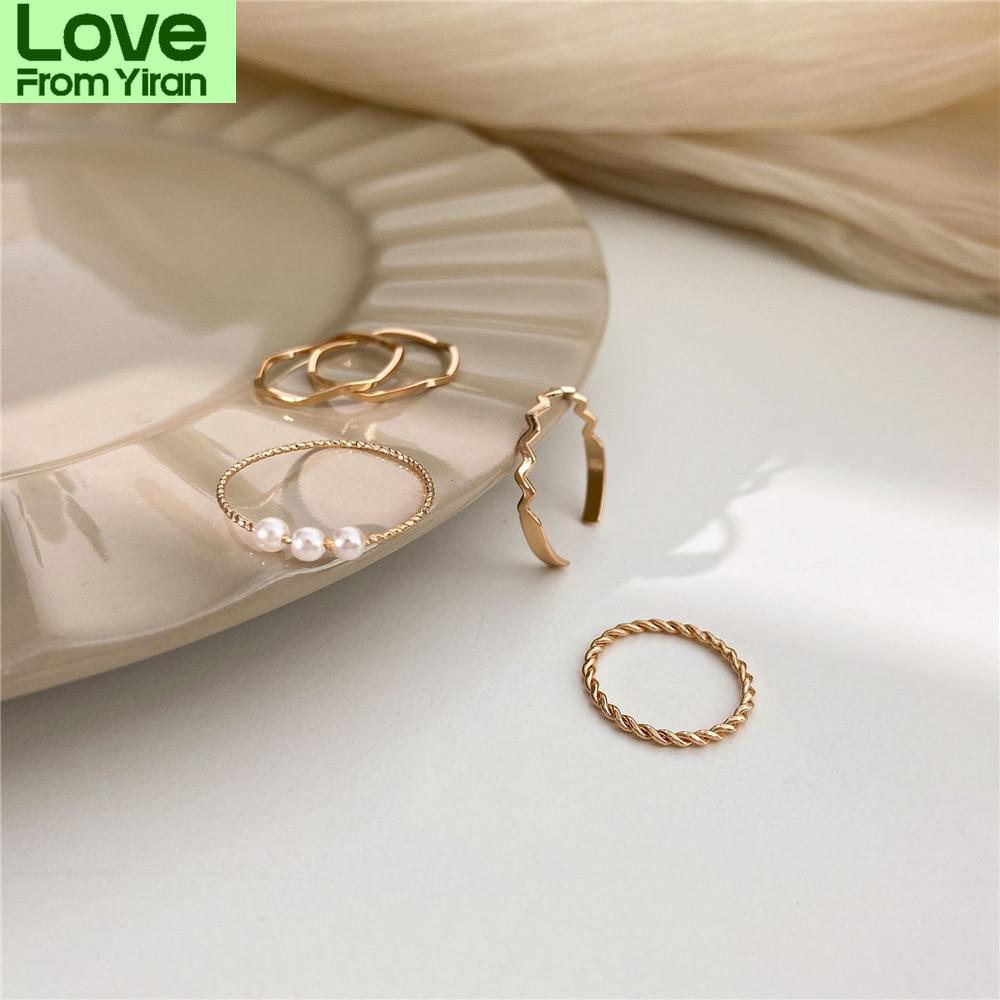 5pc /Set New Trend Temperament Pearl Ring Female Retro Design Fashion Personalized Ring Ins Hand Formal Elegant Jewelry For Women