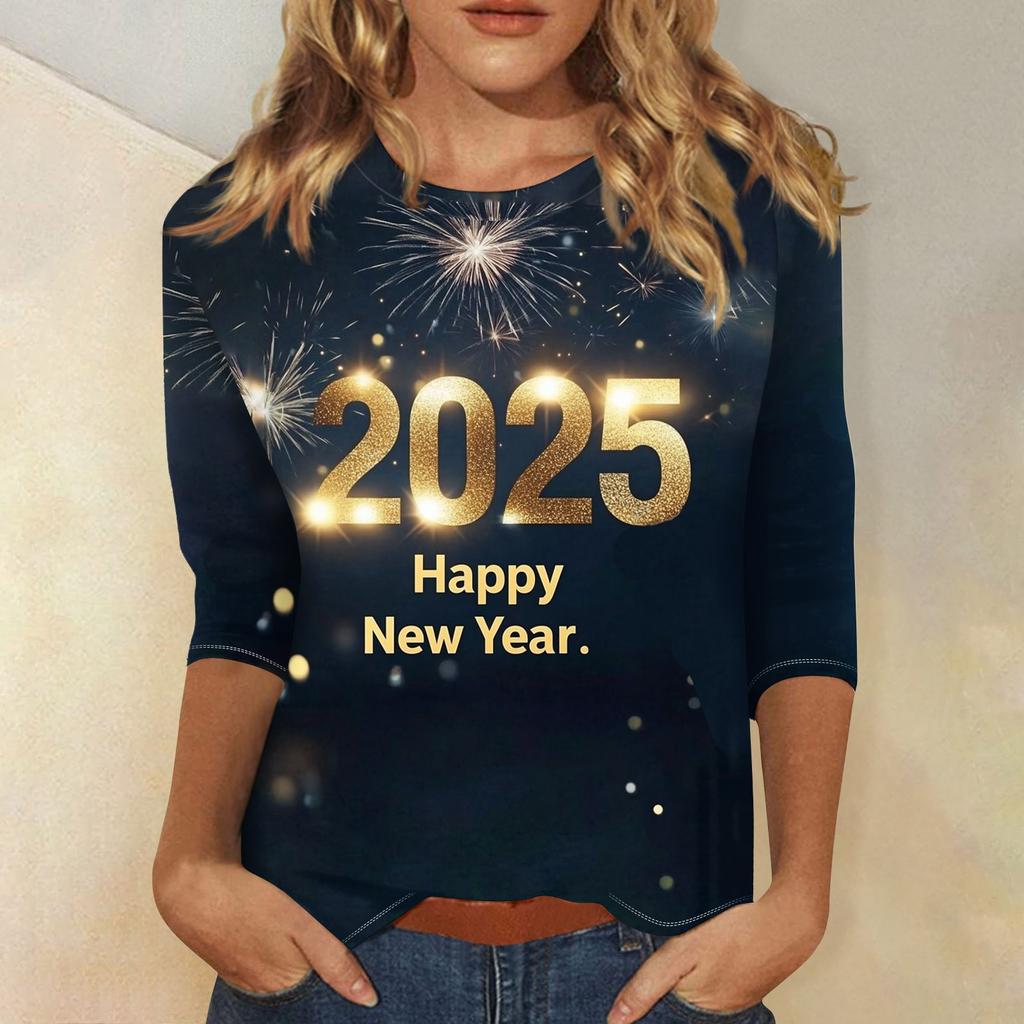 Женская мода повседневная новогодняя принтованная круглая горловина с рукавом три четверти топ Новый год 2025