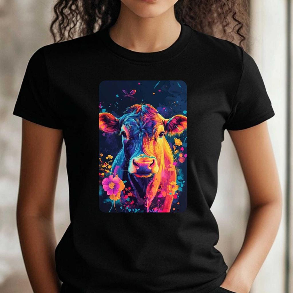 T-Shirt Frauen Neon Kuh Motiv Baumwolle Größe XS bis 3XLWird in neuem Fenster oder Tab geöffnet