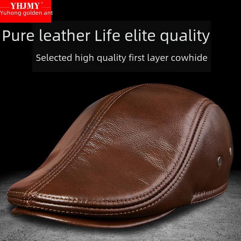 Men's Genuine Leather Duckbill Hat – Stylish, Warm, Thickened Cowhide Beret for Middle-Aged and Elderly (Autumn/Winter)