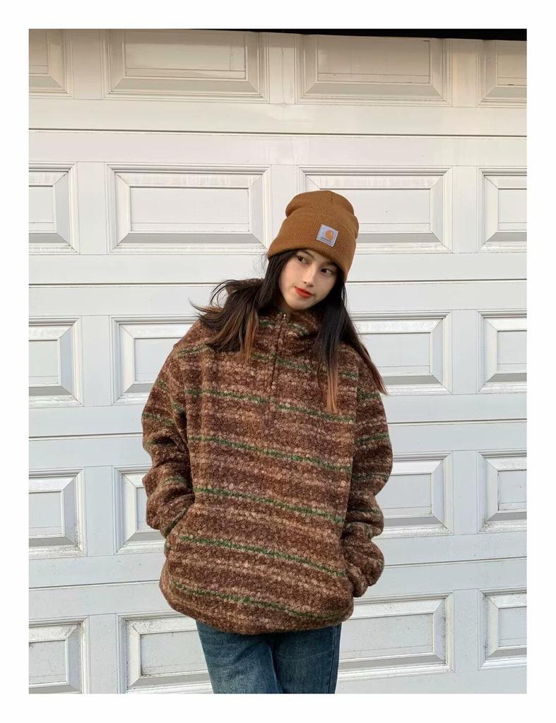 Men's Oversized Japanese Retro Striped Woolen Half-Zip Hoodie Sweater for Autumn/Winter