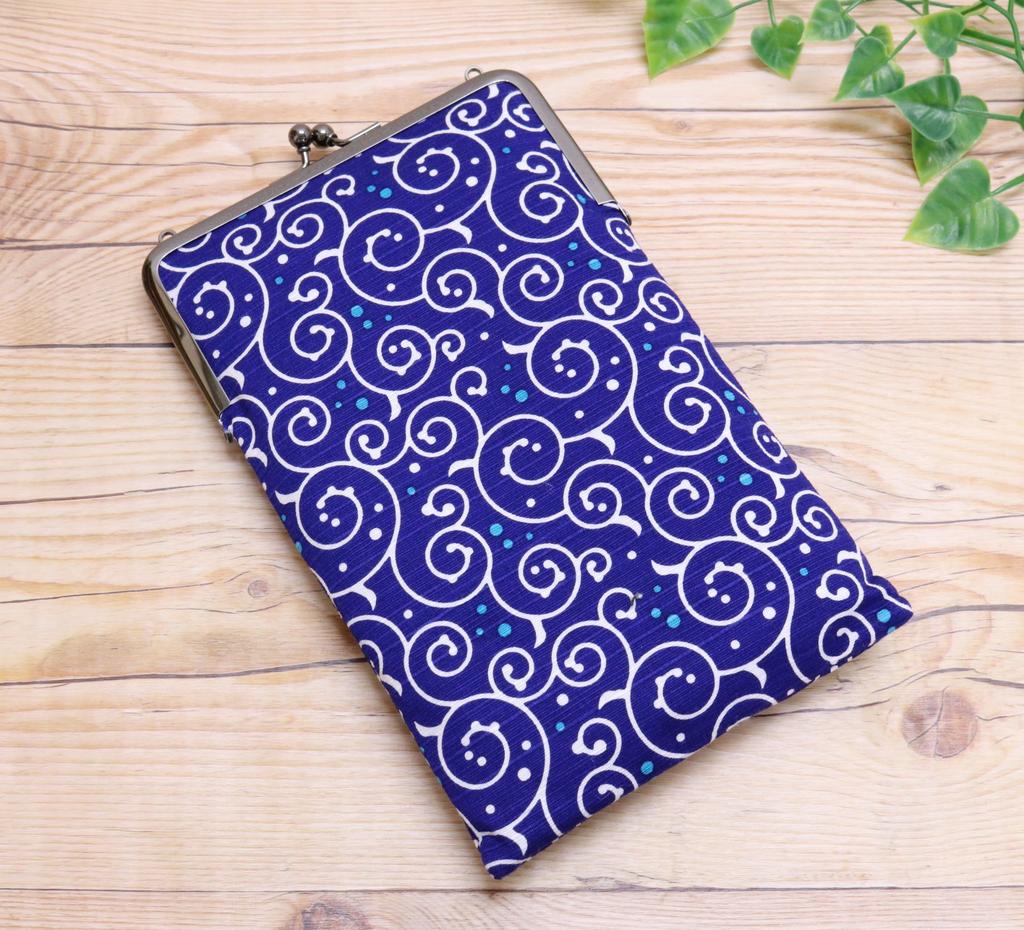 Kyosuke Made in Japan Slim Goshuincho Case with Clasp Small Item Arabesque Dot Navy Blue Closure, Pouch, Pattern,