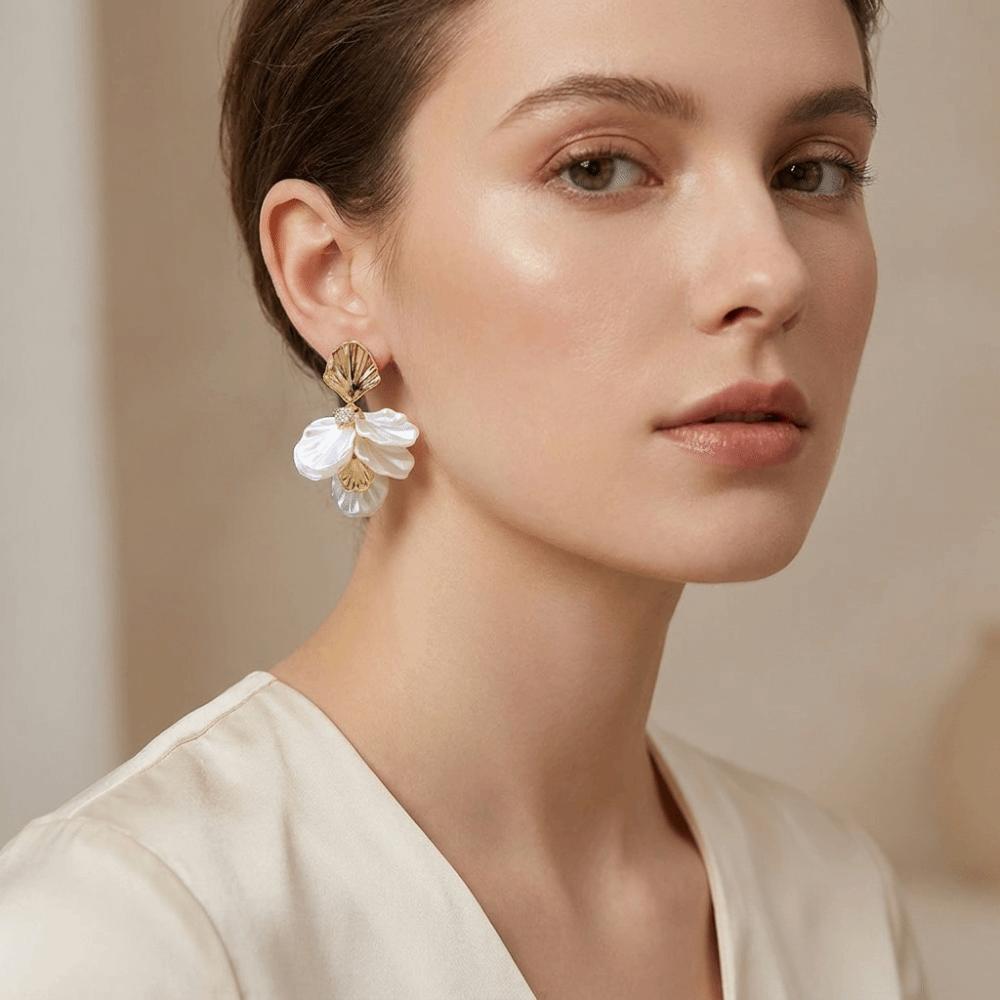 White Shell Drop Earrings Layered Dangle Earrings Bohemian Petal Earrings Holiday Gift