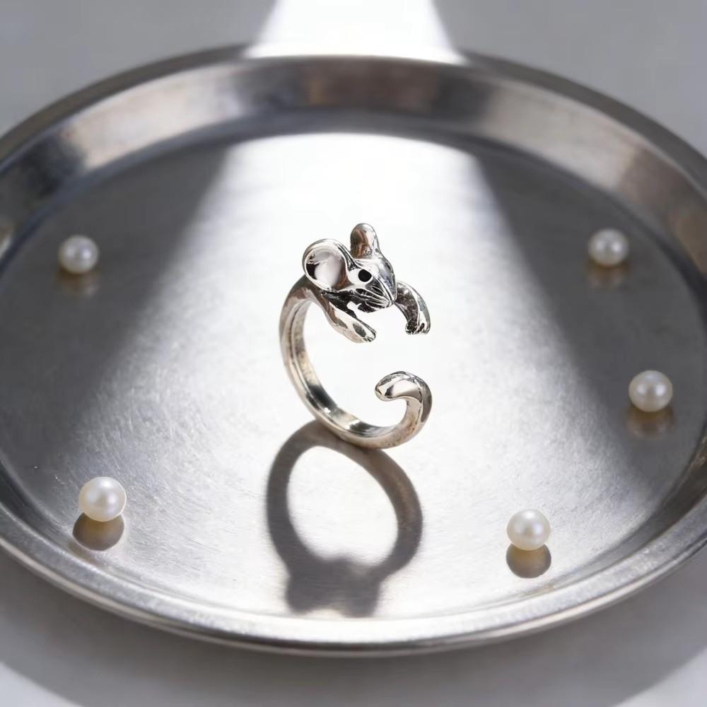 Silver Retro Mouse Ring Zinc Zinc Alloy Open Ring Vintage Animal Ring Couples