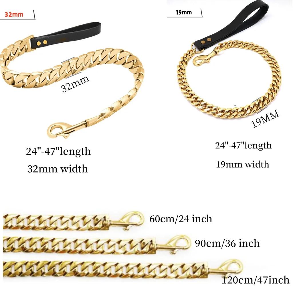 Поводок для собак из нержавеющей стали Pet Lead Traction Super Strong Gold ошейник с цепочкой 32 мм 19 мм ошейник для больших собак Bulldog Pitbull