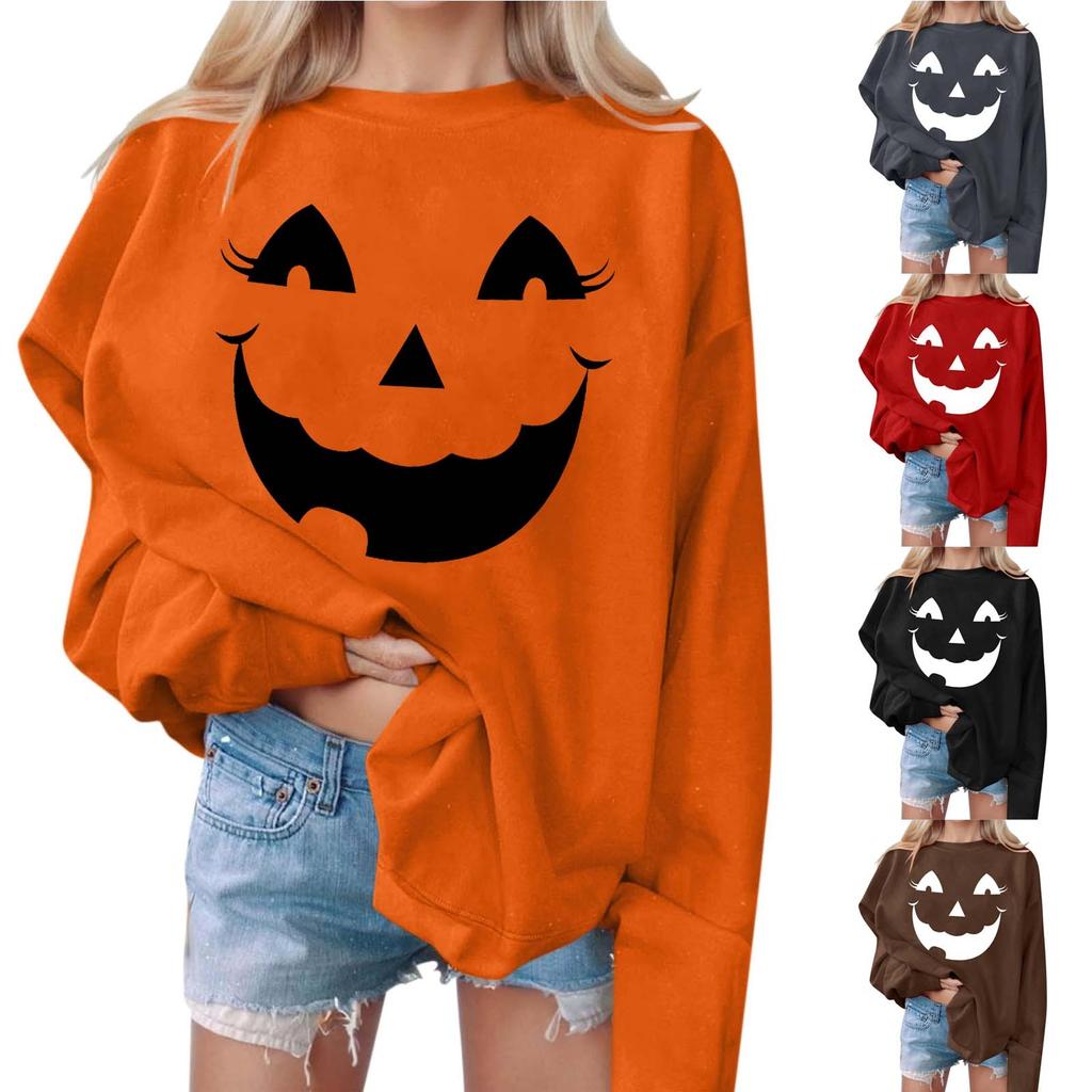 Women's Casual Fashion Halloween Print Long Sleeve O-Neck Sweatshirts Pullover Top
