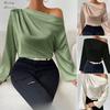 Crossshoulder Design Long-sleeved T-shirt for Women, Asymmetrical Pullover Top, Solid Color Satin Long-sleeved