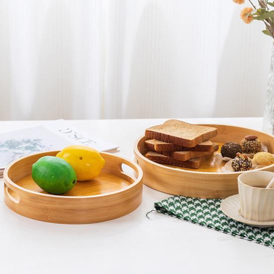 Бамбуковый поддон, круглый сервировочный поднос с ручками, универсальный прочный бамбуковый поднос для хранения для домашней кухни, вечеринки