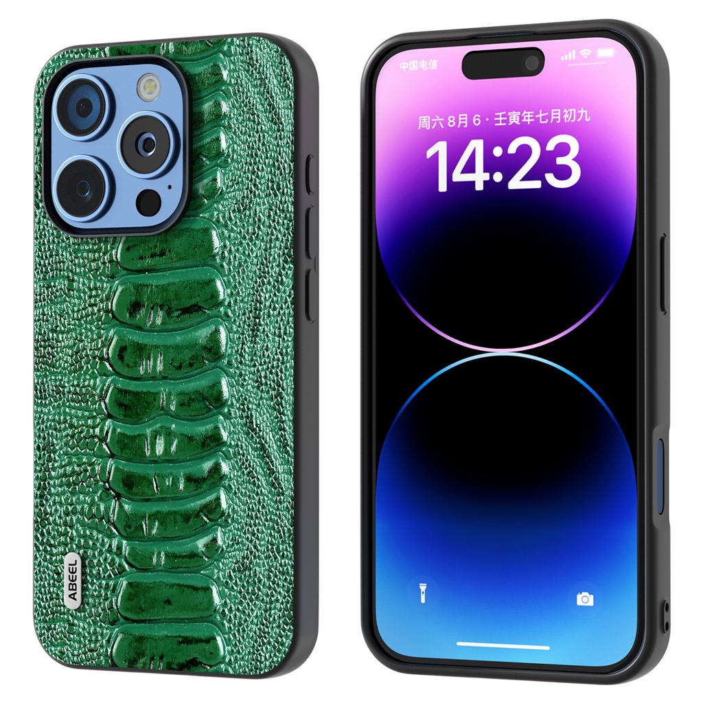 ABEEL For iPhone 16 Pro Case Crocodile Texture Genuine Cow Leather+TPU+PC Phone Cover