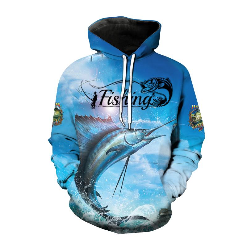 Outdoor Angling Print Hoodie, Diverse Big Fish and Riverbank Nature Pattern Full Graphic Loose Pullover, Great for Casual Outdoor Activities
