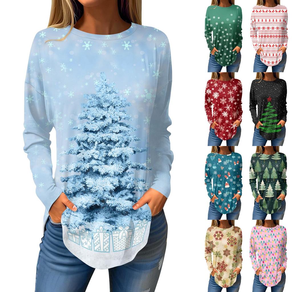 Tee Shirts For Women Fall Casual Long Sleeve Shirts Sweatshirt Vintage Graphic Printing Top Pullover Christmas