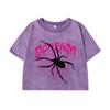 Woman Cotton Crop Washed T-Shirts Scream Spiders Cobwebs Prints Tee Shirts Oversize O-Neck Distressed Tops Clothes