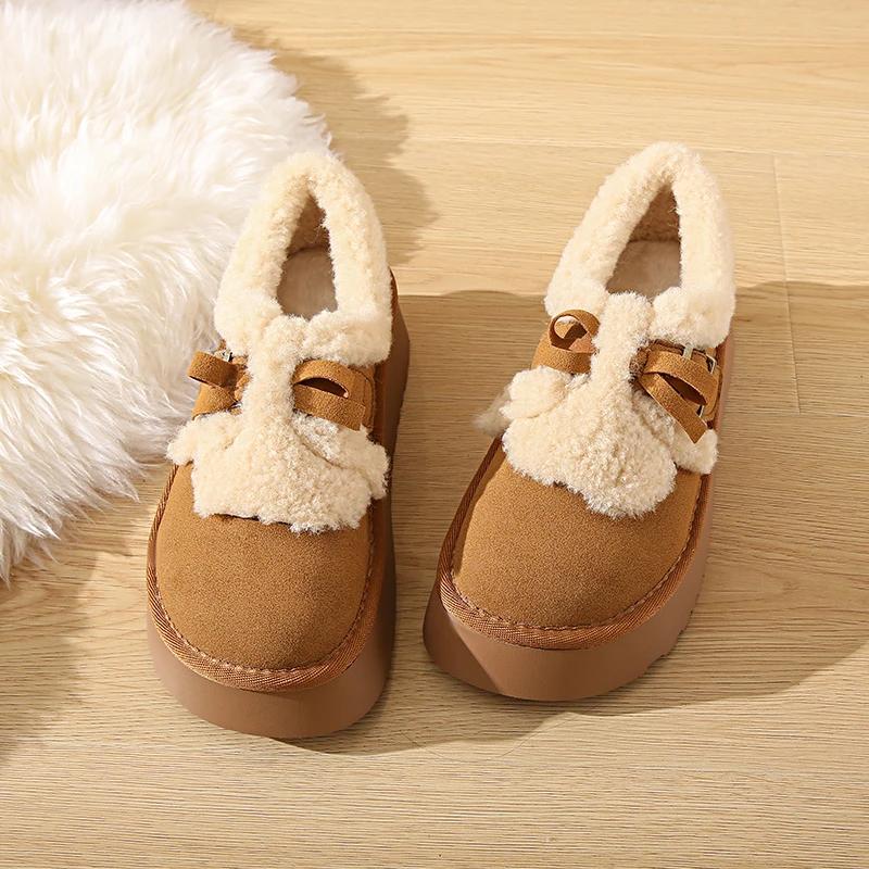 Меховые туфли на плоской подошве с бантом, женские мокасины на платформе, замшевые, плюшевые, хлопковые, брендовые, повседневные туфли на мелкой подошве, зимние трендовые, удобные, теплые, Zapatos Mujer