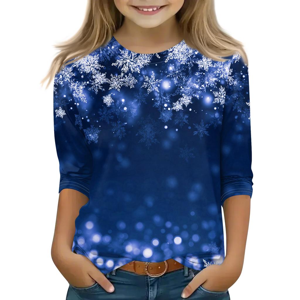 Рождественские топы с принтом для девочек-подростков 5-16 лет, футболки с круглым вырезом и рукавами 3/4, модные топы, нарядные футболки