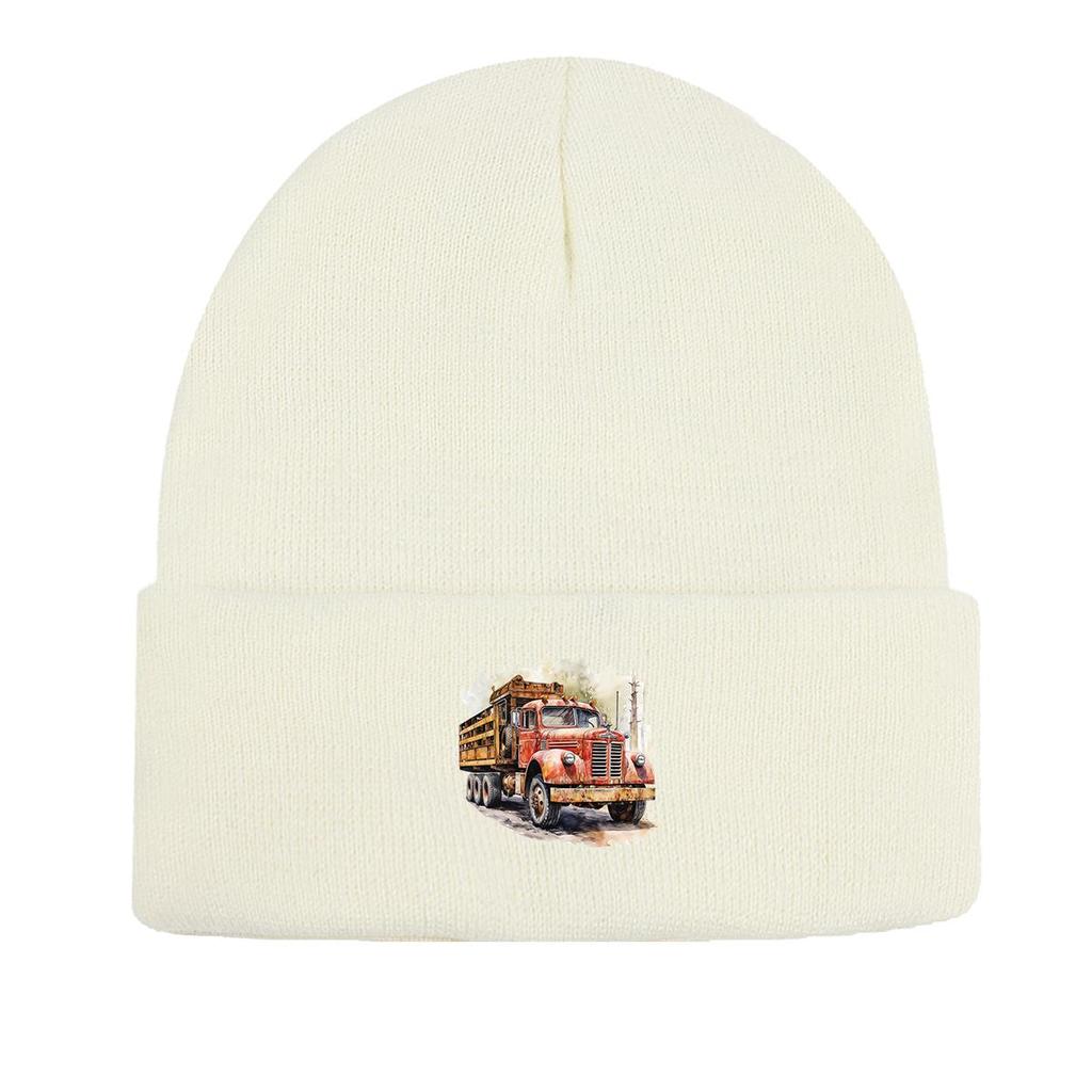 Vintage Pickup Truck Print Knit Cap Beanie, Skull Cap Windproof Fit Trendy Gorro Knitted Hat Beanie