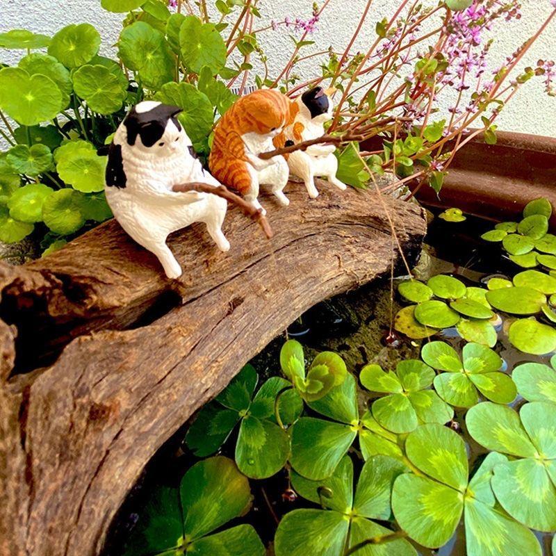 8/5/3pcs Mini Small Aquarium Ornament Fishing Cat Fish Tank Landscaping Cartoon Cat Statue Interesting Miniature Fishbowl Decor