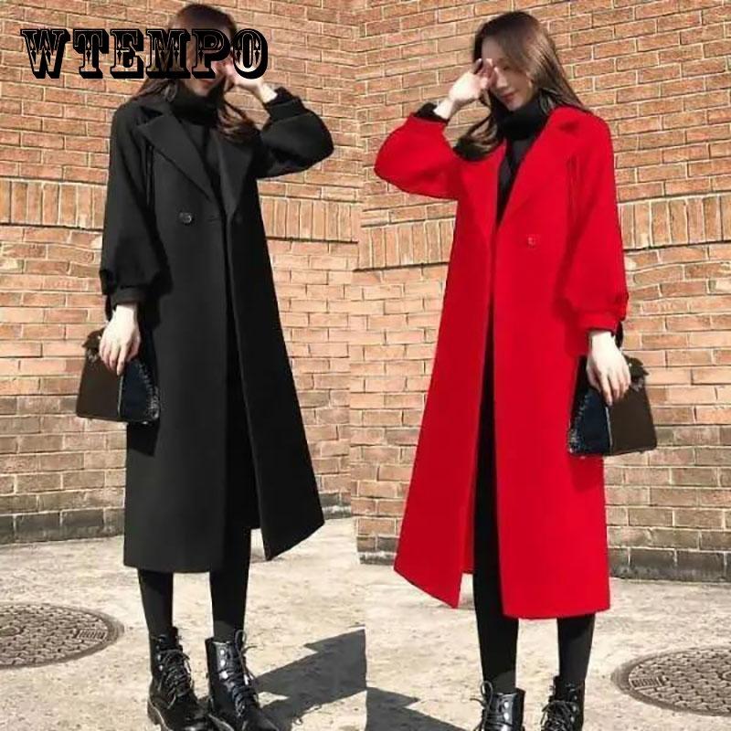 Women Wool Coat Solid Color V-neck Jacket Casual Slim Windbreaker Trend Temperament Top Over The Knee